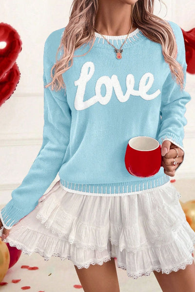 Women's Light Blue Chenille Love Graphic Sweater with Stitch Trim