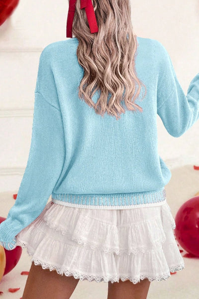 Women's Light Blue Chenille Love Graphic Sweater with Stitch Trim