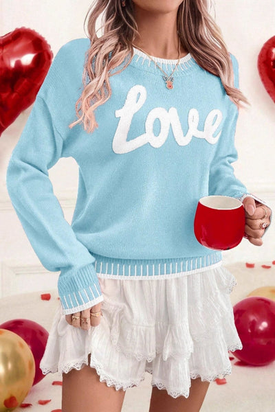Women's Light Blue Chenille Love Graphic Sweater with Stitch Trim