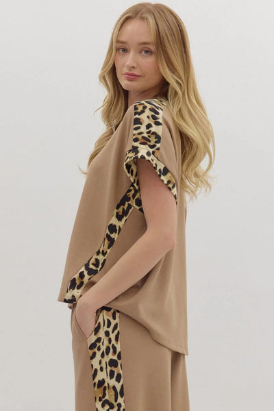 Women's Light French Beige Leopard Patchwork T-Shirt