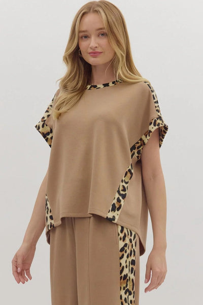 Women's Light French Beige Leopard Patchwork T-Shirt