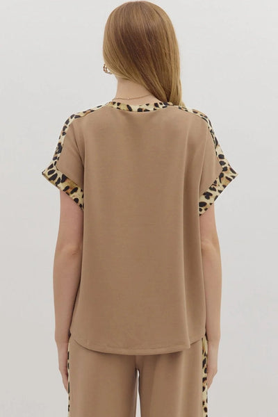 Women's Light French Beige Leopard Patchwork T-Shirt