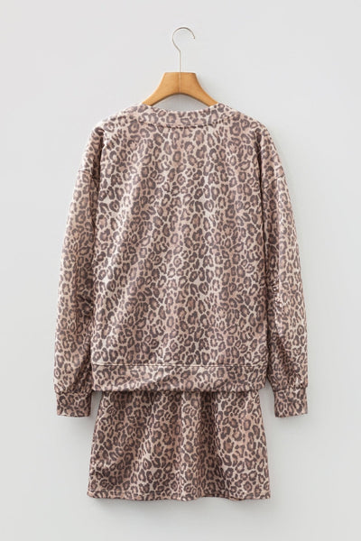 Women's Light French Beige Leopard V-Neck Pullover and Mini Skirt Set with practical styling and dependable silhouette control.