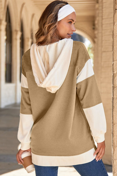 Women's Light French Beige Waffle Knit Color Block Hoodie