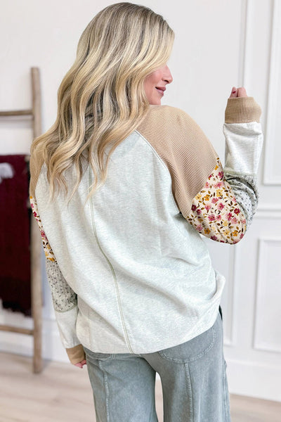 Women's Light Grey Patchwork Raglan Pullover with Floral Accents