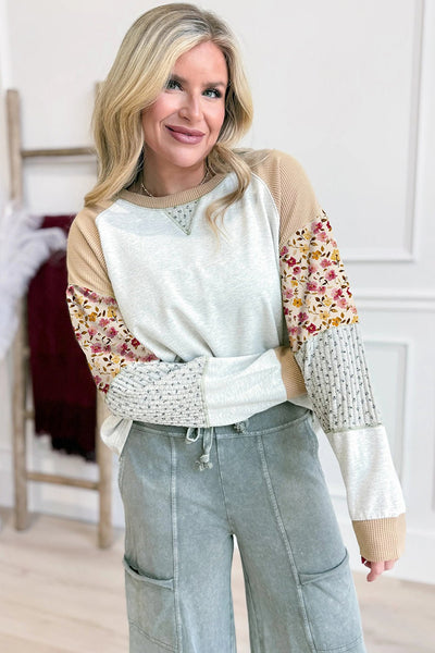 Women's Light Grey Patchwork Raglan Pullover with Floral Accents
