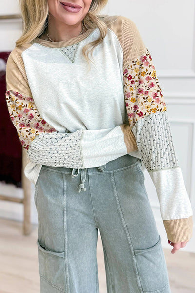 Women's Light Grey Patchwork Raglan Pullover with Floral Accents
