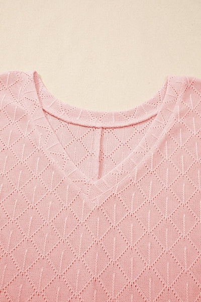 Women's Light Pink Pointelle Plus Size V-Neck Top