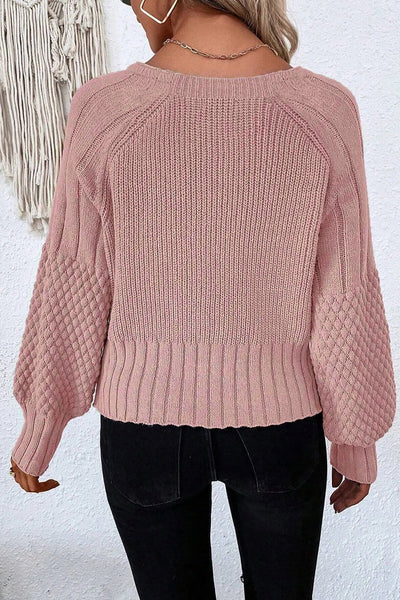 Women's Light Pink Textured Knit V-Neck Cardigan Sweater