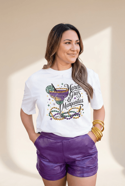 Women's Mardi Gras and Margaritas Graphic Tee - Premium Cotton-Blend T-Shirt with practical styling and dependable silhouette control.