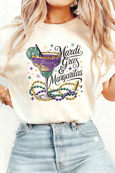 Women's Mardi Gras and Margaritas Graphic Tee - Premium Cotton-Blend T-Shirt with practical styling and dependable silhouette control.