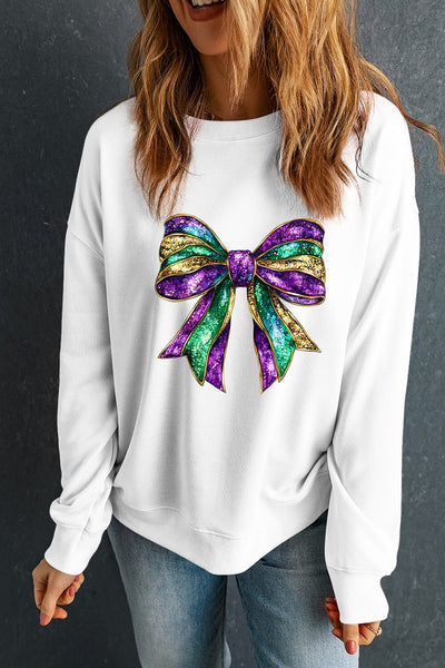 Women's Mardi Gras Glitter Bow Crewneck Sweatshirt
