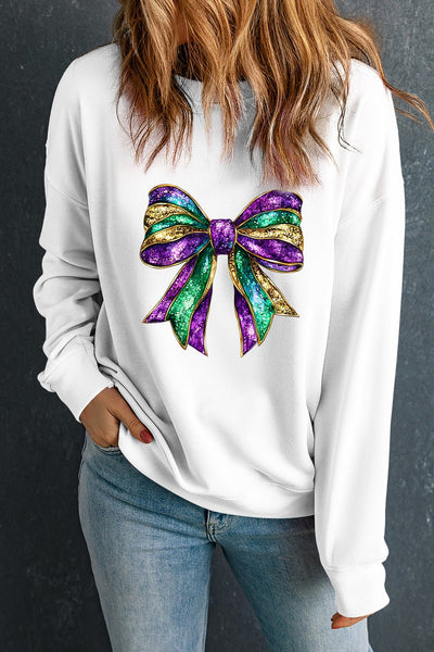 Women's Mardi Gras Glitter Bow Crewneck Sweatshirt