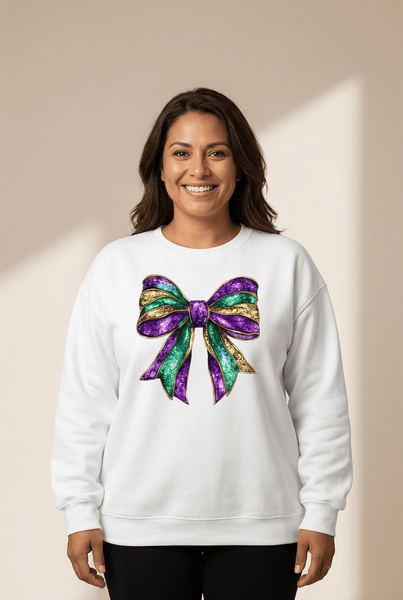 Women's Mardi Gras Glitter Bow Crewneck Sweatshirt