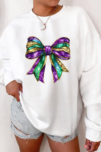 Women's Mardi Gras Glitter Bow Crewneck Sweatshirt
