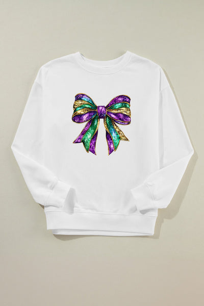 Women's Mardi Gras Glitter Bow Crewneck Sweatshirt