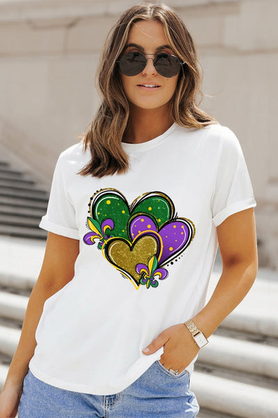 Women's Mardi Gras Heart Graphic T-Shirt with Fleur de Lis Detail