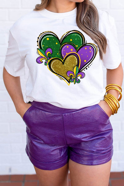 Women's Mardi Gras Heart Graphic T-Shirt with Fleur de Lis Detail