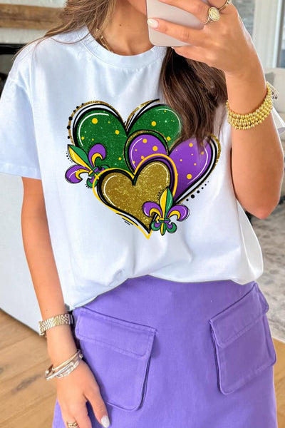 Women's Mardi Gras Heart Graphic T-Shirt with Fleur de Lis Detail