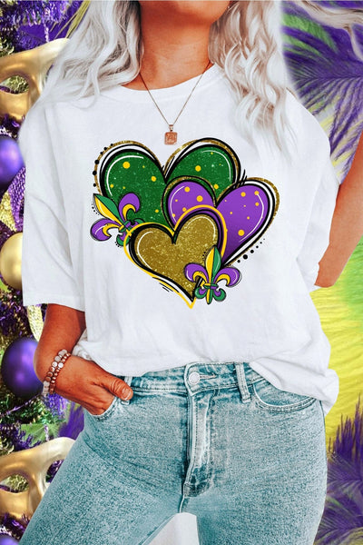 Women's Mardi Gras Heart Graphic T-Shirt with Fleur de Lis Detail