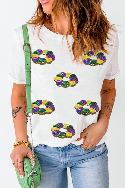 Women's Mardi Gras King Cake Sequin Graphic Tee in White