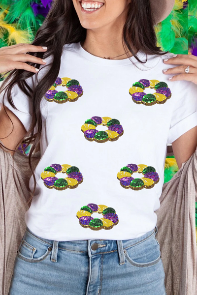 Women's Mardi Gras King Cake Sequin Graphic Tee in White