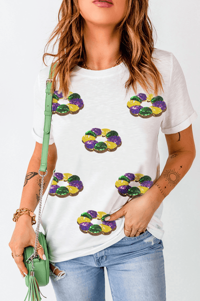Women's Mardi Gras King Cake Sequin Graphic Tee in White