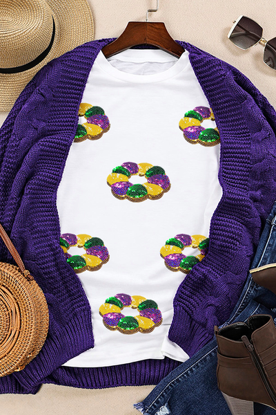 Women's Mardi Gras King Cake Sequin Graphic Tee in White