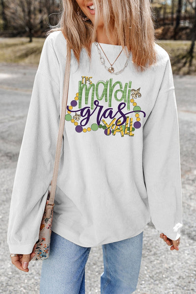 Women's Mardi Gras Ribbed Pullover Sweatshirt in Crisp White