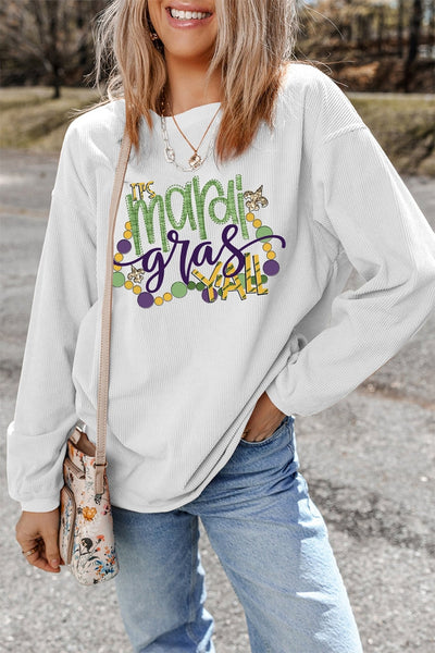Women's Mardi Gras Ribbed Pullover Sweatshirt in Crisp White