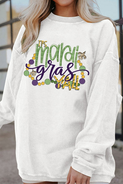 Women's Mardi Gras Ribbed Pullover Sweatshirt in Crisp White