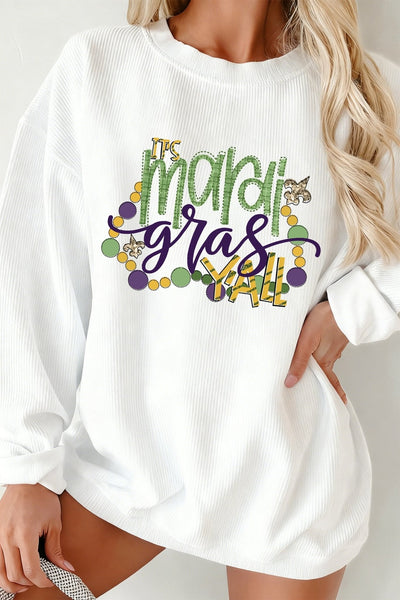 Women's Mardi Gras Ribbed Pullover Sweatshirt in Crisp White