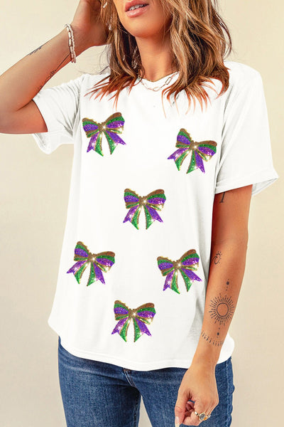 Women's Mardi Gras Sequin Bow Graphic Crew Neck Cotton Tee