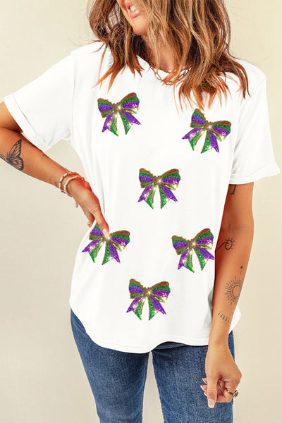 Women's Mardi Gras Sequin Bow Graphic Crew Neck Cotton Tee