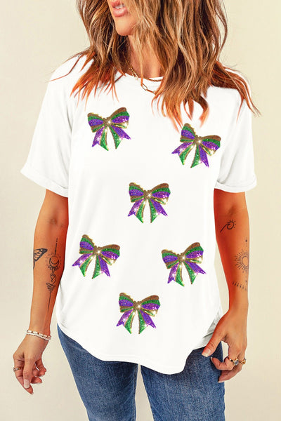 Women's Mardi Gras Sequin Bow Graphic Crew Neck Cotton Tee