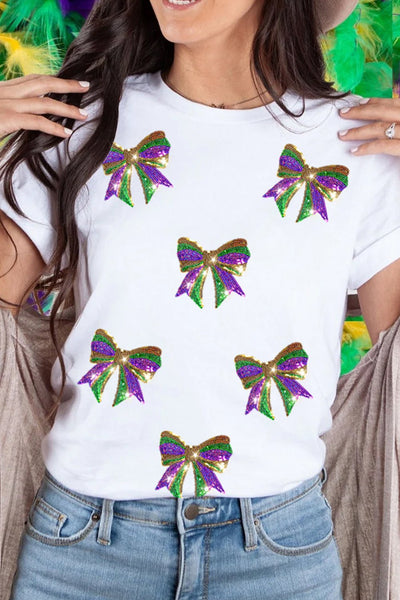 Women's Mardi Gras Sequin Bow Graphic Crew Neck Cotton Tee