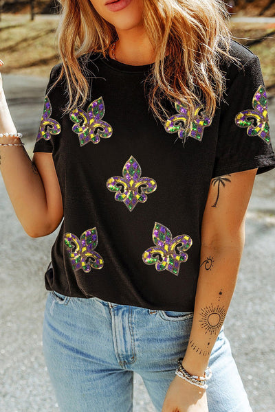 Women's Mardi Gras Sequin Fleur de Lis Graphic Tee in Cotton Blend