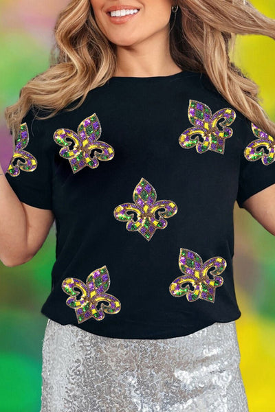 Women's Mardi Gras Sequin Fleur de Lis Graphic Tee in Cotton Blend