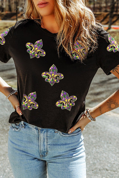 Women's Mardi Gras Sequin Fleur de Lis Graphic Tee in Cotton Blend