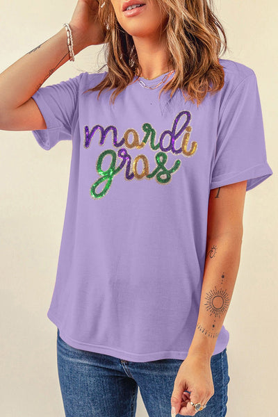 Women's Mardi Gras Sequin Graphic Tee in Wisteria Lavender