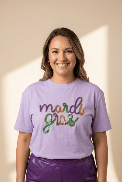 Women's Mardi Gras Sequin Graphic Tee in Wisteria Lavender