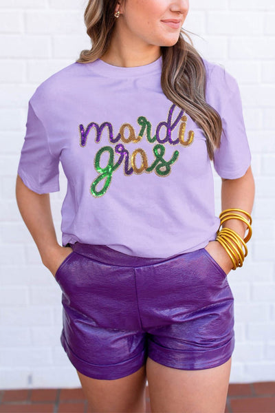Women's Mardi Gras Sequin Graphic Tee in Wisteria Lavender