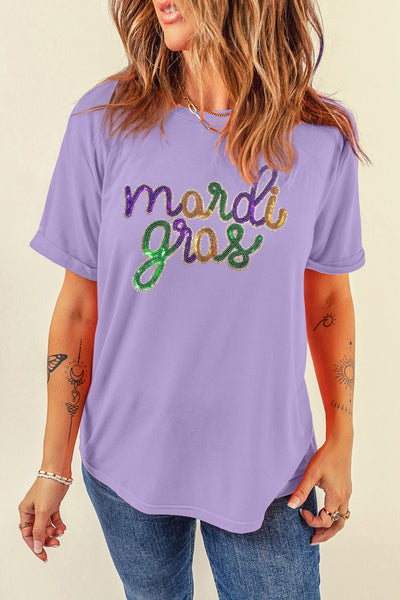 Women's Mardi Gras Sequin Graphic Tee in Wisteria Lavender