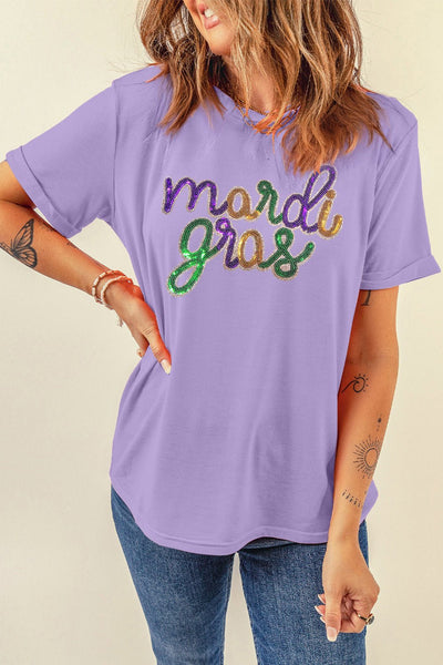 Women's Mardi Gras Sequin Graphic Tee in Wisteria Lavender