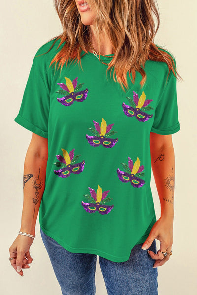 Women's Mardi Gras Sequin Mask Graphic T-Shirt in Kelly Green