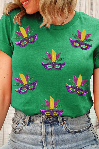 Women's Mardi Gras Sequin Mask Graphic T-Shirt in Kelly Green