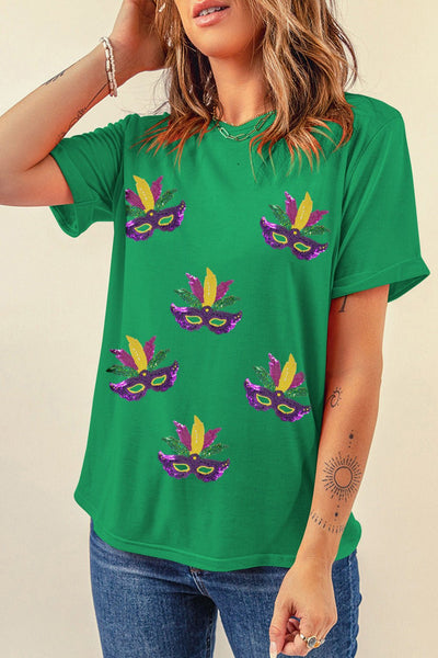 Women's Mardi Gras Sequin Mask Graphic T-Shirt in Kelly Green