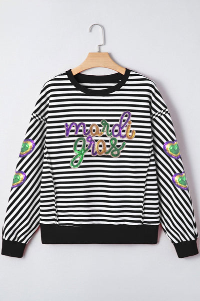 Women's Mardi Gras Sequin Stripe Graphic Long Sleeve Top