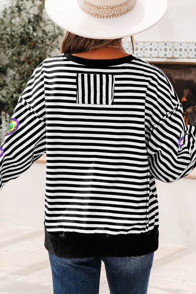 Women's Mardi Gras Sequin Stripe Graphic Long Sleeve Top