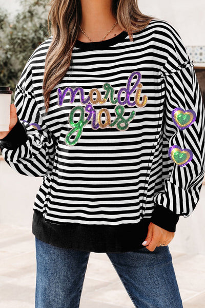 Women's Mardi Gras Sequin Stripe Graphic Long Sleeve Top